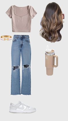 a women's outfit with ripped jeans, sneakers and a coffee to go cup