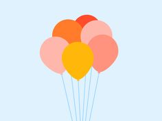 a bunch of balloons floating in the air on a light blue background with an orange and pink balloon