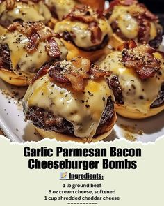 ￼   🍔 Garlic Parmesan Bacon Cheeseburger Bombs - your taste buds will thank you! 🍔    Ingredients:   1 lb ground beef   8 oz cream cheese, softened   1 cup shredded cheddar cheese   1/2 cup cooked bacon, crumbled   1 teaspoon garlic powder   1/2 teaspoon onion powder   1/2 teaspoon black pepper   1/2 teaspoon salt   1 can refrigerated biscuit dough (8 biscuits)   1/4 cup grated Parmesan cheese   2 tablespoons butter, melted   Chopped fresh parsley (for garnish)    Directions:    Preheat the Oven:   Preheat your oven to 375°F (190°C). Line a baking sheet with parchment paper for easy cleanup.  Prepare the Filling:   In a large mixing bowl, combine the ground beef, cream cheese, shredded cheddar cheese, crumbled bacon, garlic powder, onion powder, black pepper, and salt. Mix until well com Garlic Butter Bacon Cheeseburger, Garlic Parmesan Bacon Cheeseburger Bomb, Gordon Ramsay Recipe, Chef Gordon Ramsay, Chef Gordon, Bombe Recipe, Food Recipes Easy, Bacon Cheeseburger, Crumbled Bacon