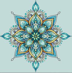 an ornate blue and yellow flower on a light blue background, with white dots in the center