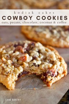 Kodiak cakes cowboy oatmeal cookies feature coconut, pecans, chocolate, and coffee!  They’re thick and chewy, buttery, full of whole grains + protein and truly one-of-a-kind! Kodiak Cakes Cookies, Kodiak Cake Recipes, Kodiak Cookies, Protein Cookie Recipes, Coconut Oatmeal, Chocolate And Coffee