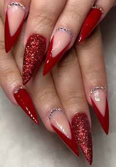 Red French Manicure Designs, Red And Glitter Nail Designs, Garnet Red Nails, Red Stilletos Nails, Red Glam Nails, Red And Silver Nail Designs, Plain Acrylic Nails, Red And Silver Nails, Red Stiletto Nails