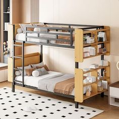 the bunk bed is made with metal and wood