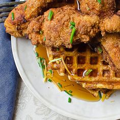 fried chicken and waffles on a white plate