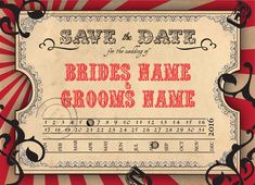 save the date sign with music notes and musical notes on red and white striped background