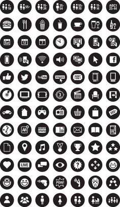 various black and white icons are shown in this set, including the symbols for different types of