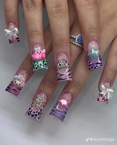 Kawaii Duck Nails, Clear Glitter Nails, Girls Nail Designs, Junk Nails, Retro Nails, Duck Nails, Cute Acrylic Nail Designs, Really Cute Nails, Kawaii Nails