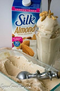 an ice cream sundae with almonds in it and a carton of silk almond milk