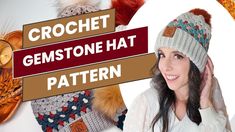 a woman wearing a crochet hat with feathers on it and the words crochet gemstone hat pattern