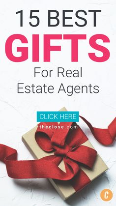 a gift box with red ribbon and the words 15 best gifts for real estate agent