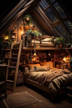 an attic bedroom with a bed, ladder and plants