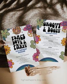 there are two flyers on the table for an upcoming birthday party with flowers and rainbows