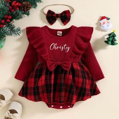 Baby Girl Christmas Outfit, Personalized Infant Christmas Clothes, Baby Girl Christmas Gift, Toddler Girl Holidays Outfit, Baby Shower Gift This personalized Christmas baby girl clothing set is a perfect outfit for baby picture photoshoot for Instagram post, Christmas party outfit, an affordable gift for winter baby shower, birthday, Christmas, or even a newborn coming home outfit. Attract adorable glances from everyone when your baby is wearing this cute Christmas clothes.  Please keep in mind the size/placement of your design may be slightly different than the picture, making each and every one a unique work of art! Personalization is iron-on. Feel free to contact us if you have any questions or custom request! INCLUDES: 1x Personalized onesie/romper CARE INSTRUCTIONS: Machine wash cold, Toddler Holiday Outfits Girl, Girls Holiday Outfit, Christmas Romper, Girls Christmas Outfits, Bodysuit Dress, Baby Christmas Outfit