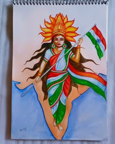 a drawing of a woman holding a flag