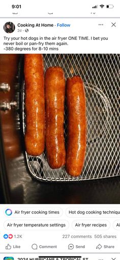 three hot dogs are cooking in an air fryer and then being cooked on the grill