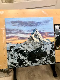 Oil painting on canvas of snowy mountains at sunset Canvas Mountain Painting, Mountain Scape Painting, Mountain Painting Ideas On Canvas, Mountain Sky Painting, Canvas Painting Landscape Acrylics, Aesthetic Mountain Painting, Mountains Canvas Painting, Landscape Mountains Painting, Mountain Acrylic Painting Easy