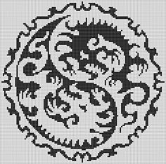 a black and white cross stitch pattern with a dragon in the center