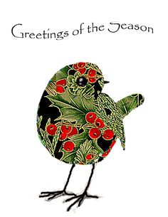 a bird with red berries on it's head and the words greetings of the season