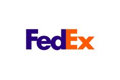 the fed ex logo is shown in purple and orange, with an orange stripe across it