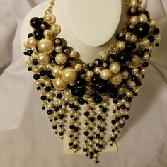 Gorgeous Pearl Fashion Statement Necklace Set Black Multi-strand Costume Jewelry Necklace, Black Multi-strand Costume Jewelry, Elegant Black Beaded Necklace For Fashion, Black Multi-strand Jewelry For Evening, Black Multi-strand Necklace, Black Round Bead Bib Necklaces For Party, Elegant Handmade Black Bib Necklace, Black Multi-strand Necklace For Party, Chic Black Beads Jewelry For Evening