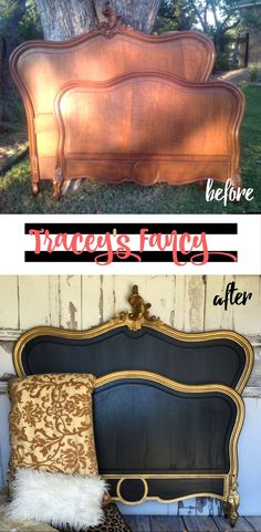 the before and after of an old headboard that has been turned into a bench