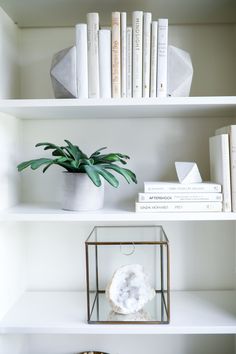 white shelves with books, plants and other items on them in front of a clock