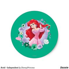 the little mermaid with pink hair and flowers on green background