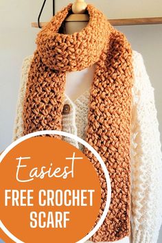 a crochet scarf is shown with the text, fastest free crochet scarf