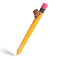 a yellow pencil with a brown bear sticking out of it's end, on a white background