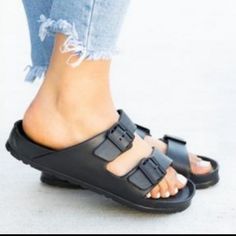 These Cute Slides Are Made With A Foam Style Material And Are Super Lightweight. They Are Easy To Wear With Their Buckled Slip On Design. Made With All Man-Made/Vegan Materials! Front Platform Is 1 Inch Heel Platform Is 1.25 Inch Fit: True To Size Summer Black Sandals With Buckle Closure, Cute Slides, Ballroom Dance Shoes, T Strap Flats, Buckled Flats, Rubber Sandals, Womens Sandals Wedges, Silver Sandals, Strappy Sandals Heels