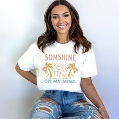 Looking for a cute versatile top to wear this summer? Make sure to grab one of our Sunshine On My Mind Palm Trees garment dyed graphic tees! This soft and comfortable graphic tee is the perfect top for any outfit. It can be paired with biker shorts, jeans, or even a simple skirt/dress! This tee is true-to-size, so be sure to order your regular t-shirt size! If you are looking for a more oversized look, make sure to size up! Color Ink, Life Is A Journey, Beach Bum, Casual Fit, Casual Fits, Heavy Weight, Air Dry, Christmas Shirts, Chambray