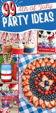 a collage of patriotic party ideas including strawberries, cake and cupcakes