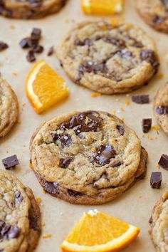 chocolate chip cookies with oranges and sea salt on top are ready to be eaten