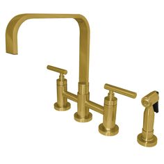 a gold faucet with two different handles