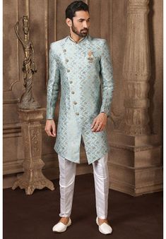 Sherwani For Boys, Western Outfits For Men, Indo Western Outfits For Men, Cyan Color, Danish Zehen