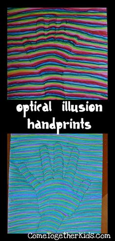 two pictures with the words optical illusion and handprints