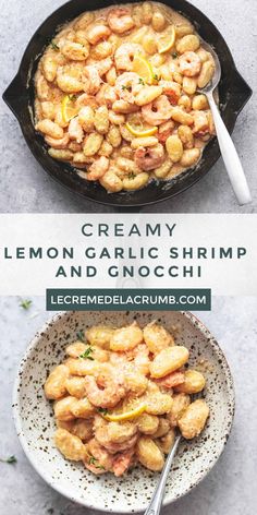 creamy lemon garlic shrimp and gnocchi in a skillet