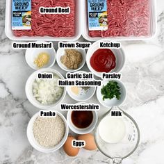 the ingredients for ground beef are shown in bowls