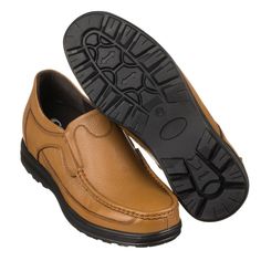 Slip On boat loafers. Moc-toe style. Pebble grain accent details. Hidden elastic-gore. Convenient lace-less design. Weight: 15 oz. *Based on 7.5 US. Actual weight varies.* Heel height: 1 1/2". Shaft height: 5 1/2". Elegantly stitched for extra durability and style. Casual style height increasing footwear. Durable built-in inner sole provides elevation while allowing adequate room for your foot. Get the height that you want unobtrusively. Full grain high quality leather upper. Synthetic rubberize Brown Loafers With Rubber Sole, Medium Width, Tory Burch Flats, Casual Loafers, Casual Sandals, Tan Brown, High Quality Leather, Dress With Boots, Loafers Men, Soft Leather