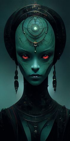 an alien woman with red eyes and headpieces on her face is staring at the camera