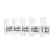 a chrome and glass bathroom light with five lights on each side, in an elegant style