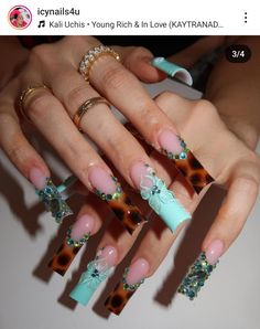 Dark Green Leopard Nails, Teal Nails Turquoise, Blue Cheetah Nails, Cowboys Nails, Greek Nails, Nails Leopard, Gyaru Nails, Teal Nail Designs, Cowboy Nails