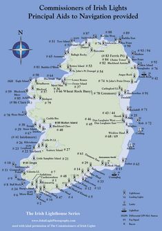 a map of the isles of ireland, showing towns and roads in blue with white lettering