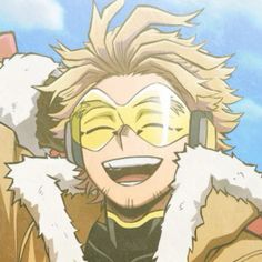 an anime character with headphones on and his eyes closed, smiling at the camera