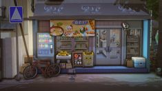 an animated image of a vending machine in front of a convenience store at night