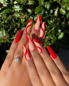 Red Nails Graduation, Red Concert Nails, Nail Designs With Orange, Red Nails Medium Length, Summer Red Nails Designs, Acrylic Nails Ideas Red, Hot Red Nails Design, Acyrilics Nails Designs, Red Ballerina Nails