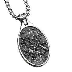 Embrace spiritual grace with the Saint George Necklace. This exquisite pendant features a depiction of revered figure Saint George- artfully crafted in durable stainless steel. The intricate design creates a powerful amulet of faith and protection. This necklace serves as a beautiful expression of devotion or a thoughtful gift. Let this timeless piece be a daily reminder of divine guidance and inner peace. Vintage-inspired design with strong religious symbolism Premium 316L stainless steel - Lightweight, hypoallergenic and tarnish-resistant Retro chain included (24 inches length) Saint George Pendant - Symbol of Protection and Faith George Necklace, Divine Guidance, Medieval Jewelry, A Thought, The Saint, Saint George, Vintage Inspired Design, Jewelry Cleaner, Intricate Design