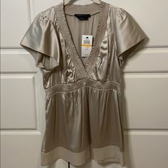 Short Sleeve And Vneck Blouse By Bcbg. Small. New With Tags And Never Worn. Perfect Condition From A Pet Free And Smoke Free Home. Gorgeous Silver Or Pewter Color. Silk Top. Silk V-neck Top For Night Out, Silk V-neck Tops For Spring, White Peplum Tops, Victorian Blouse, Silver Shorts, Georgette Tops, White Peplum, Peplum Shirts, Pewter Color