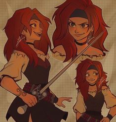 two women with red hair are holding swords