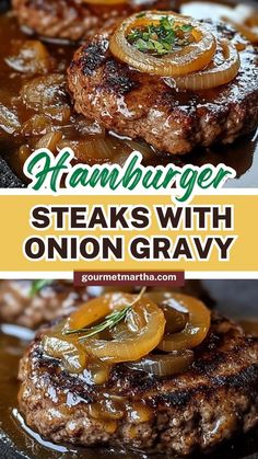 hamburger steaks with onion gravy in a skillet